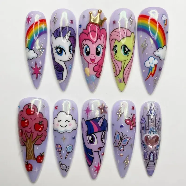 Pinkie Pie Press On Nails, Kawaii Magical Pony Press On Nails, Purple Rainbow Cartoon Nails, Cute Fantasy Character Nail Set, 3D Glitter Fake Nails