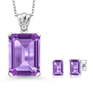 GEM STONE KING Emerald Cut Amethyst Jewelry Set for Women, Crafted 925 Sterling Silver Pendant and Earrings, 16.07 Cttw February Birthstone with 18 Inch Chain