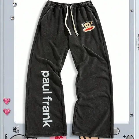 Vintage Casual Relaxed Fit Monkey Print Sweatpants, Loose Wide-Leg Design, Men's Versatile Retro Wear for All-Season, Relaxed Fit Clothes