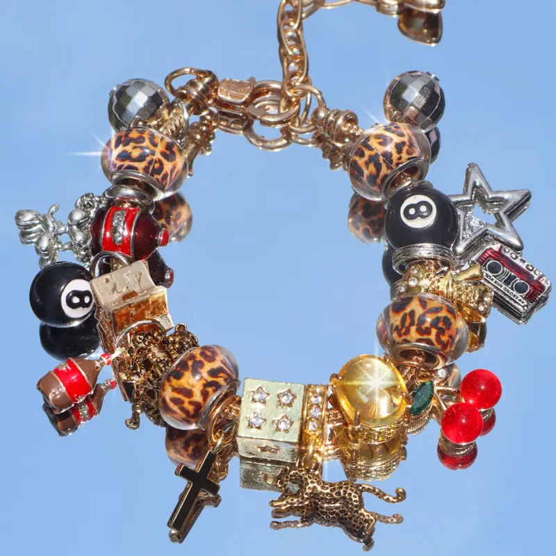 Unique Leopard Print Charm Bracelet, Cherry & Cross & Ball Pendant Bracelet, Music Festival Bracelet, Durable Beaded Bracelet, Creative Eye-Catching Bracelet, Fashionable Bracelet
