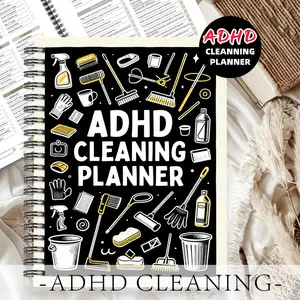 1pc ADHD Cleaning Planner Themed Subject Notebook, Black and White Minimalist Style - Black Background with White Line Tool Patterns. Systematically Plan Cleaning Tasks. Cleaning Planner, Checklist Organization. 5.5x8.3 Inch Notebook