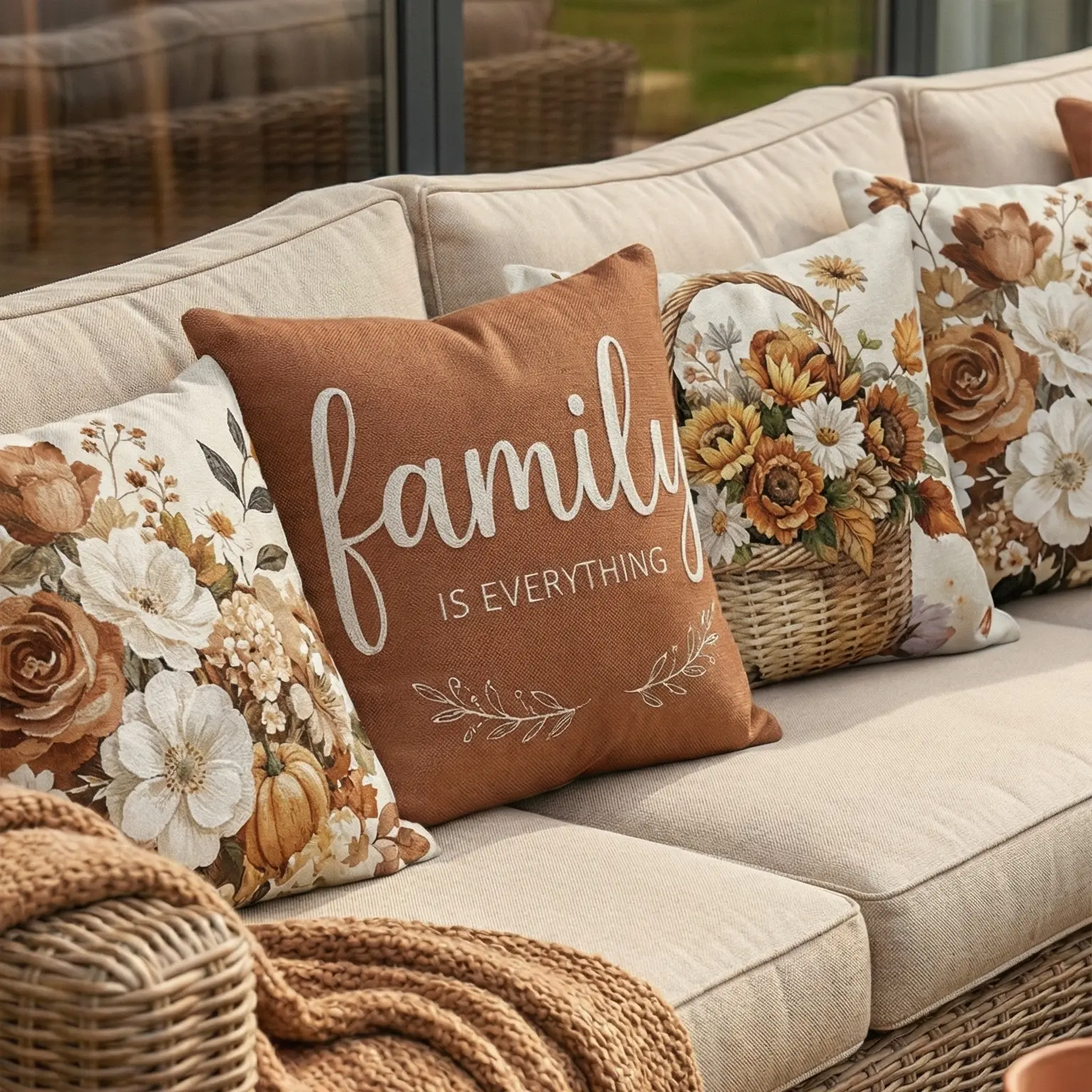 Set of 4 Decorative Spring Wreath Pillow Covers Home Textile - Bedroom Decorative Accessories Terracotta Home Quote & Autumn Floral Basket Linen Cushion Case for Farmhouse Decor Room Bedroom Sofa Chair Car 0126YC