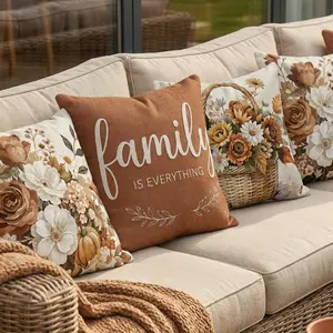 Set of 4 Decorative Spring Wreath Pillow Covers - Terracotta Home Quote & Autumn Floral Basket Linen Cushion Case for Farmhouse Decor Room Bedroom Sofa Chair Car 0126YC