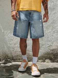Men's Loose Fit Light Blue Jeans Shorts, Vintage American Style, Breathable and Comfortable, Fashionable Five-Pocket Design