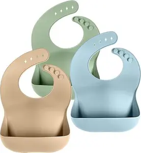 Mothers Day Gift Set of 3 Silicone Bibs for Babies & Toddlers,Soft Adjustable Bibs with Pocket Food Catcher for Baby Girl,Boy
