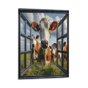 Farm Outside Window Posters Wall Art Prints Rustic Cows Animal Green Grass Canvas Posters Home Wall Art Family Bedroom Office Decor Aesthetic Festival Gift