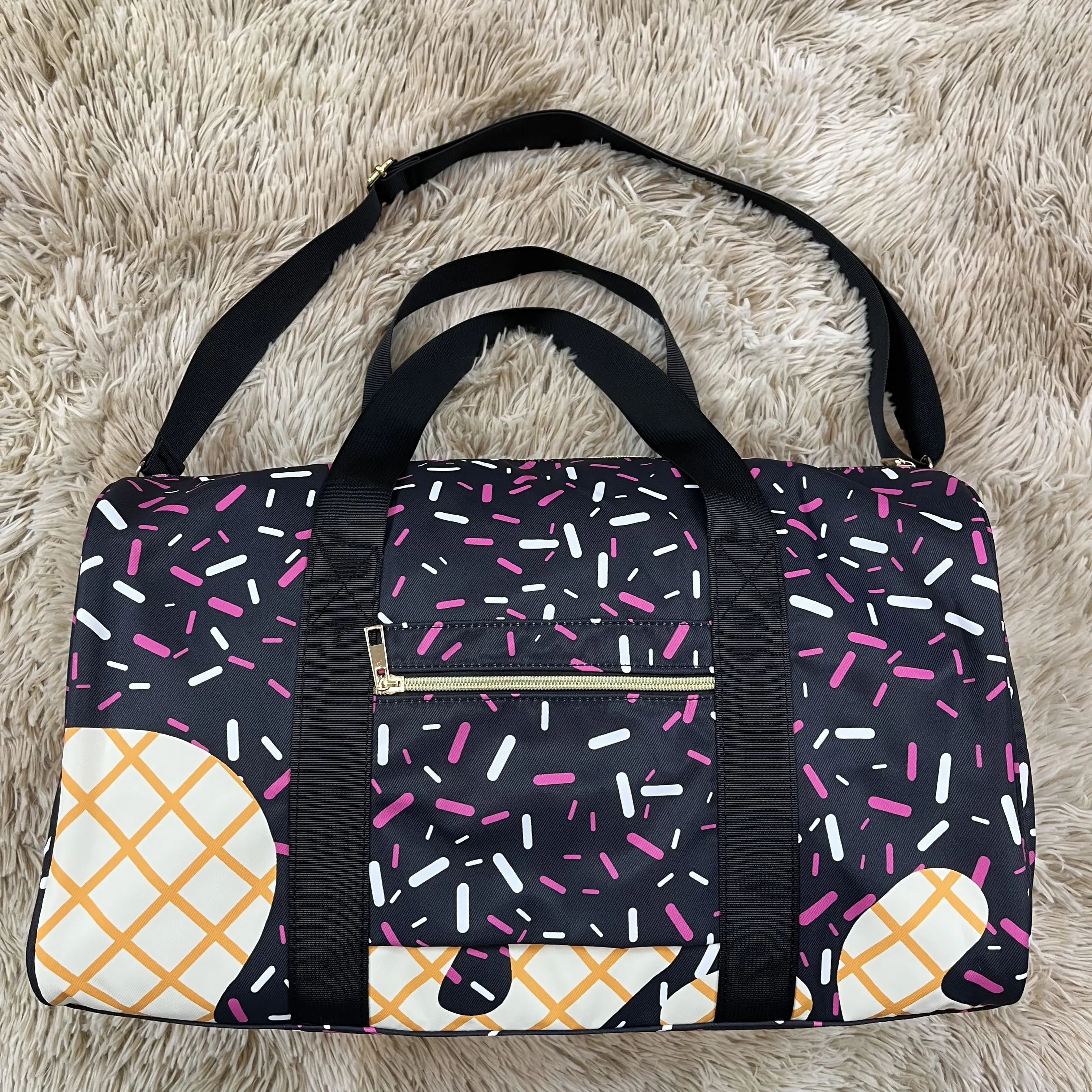Unisex Cute Travel Duffel Bag with Ice Cream Drip & Sprinkles Print - Lightweight Weekender for Gym, Overnight Trips, Cute Travel Bags