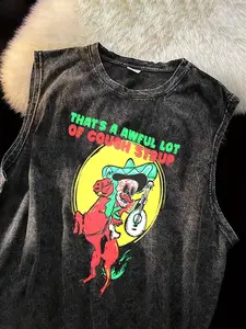 Men's 230g heavy-duty washed vintage vest - Western denim printed sleeveless round neck top, all season casual hip-hop outdoor vest, suitable for men and teenagers, perfect as a gift