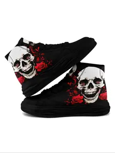 Men's Fashionable Skull & Rose Print Lace Up Front Sneakers, 2024 New Style Casual Comfortable Breathable Sports Shoes, Male All-match Round Toe Shoes for Daily Wear