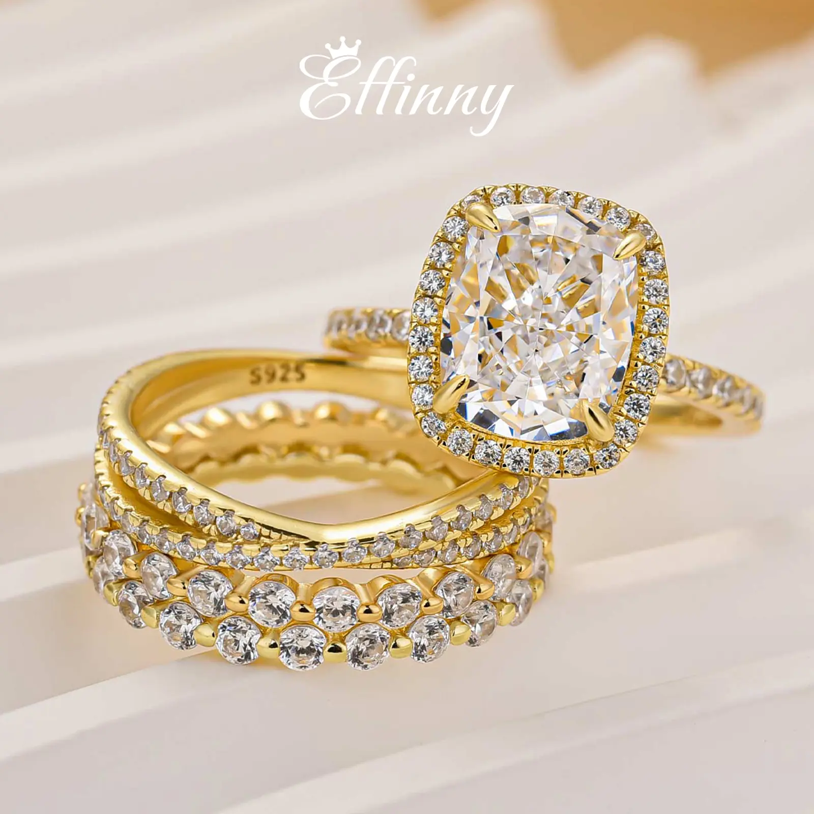 Effinny Jewelry 4.0ct Cushion Cut 4PC Halo Wedding Ring Set, 925 Sterling Silver Promise Ring, 5A Cubic Zirconia Stackable Ring for Daily, Wedding, Party, Bridal Rings, Adults