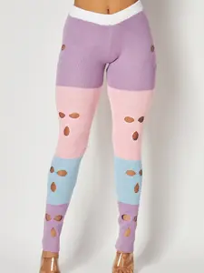 CUT OUT MULIT COLORED KNIT LEGGINGS WOMEN CLOTHIN PANTS
