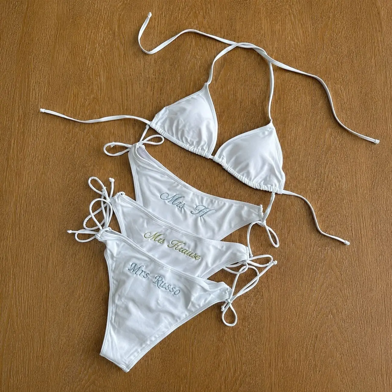 Personalized Embroidered Bride Bikini Set with Matching Sarong, Custom Name Bridal Swimwear for Honeymoon & Bachelorette Party