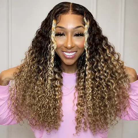 Ombre Brown To Blonde 220 Density Deep Wave Lace Front Wigs Pre plucked Pre cut Highlight Glueless Human Hair Wigs For Wome