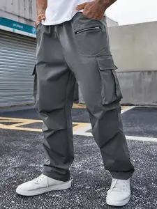 Plus Size Solid Drawstring Waist Cargo Pants, Casual Streetwear for Daily Wear, Men's Dark Gray Trousers for All Seasons
