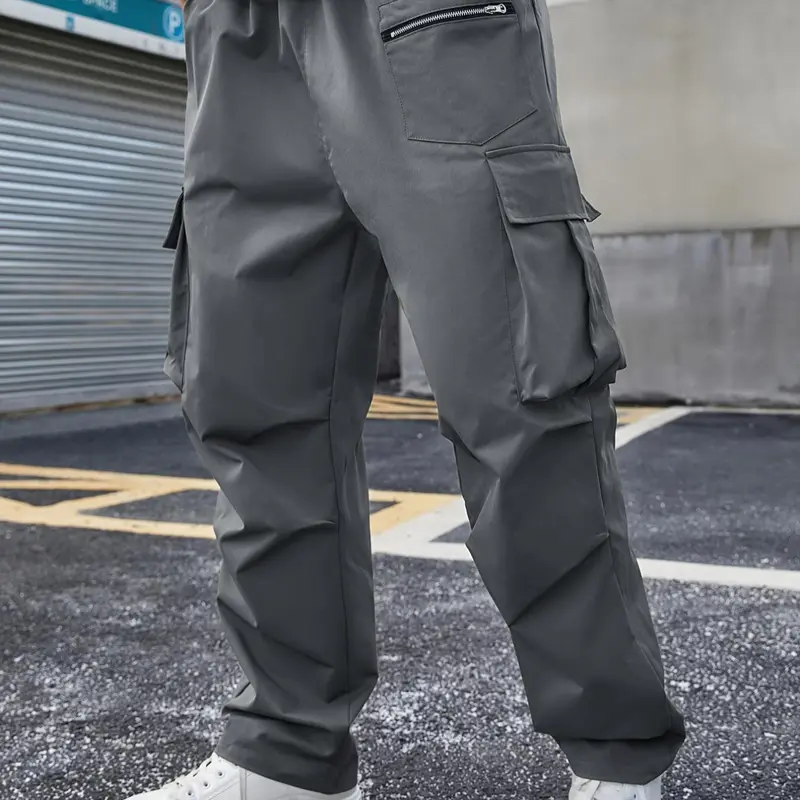 Plus Size Solid Drawstring Waist Cargo Pants, Casual Streetwear for Daily Wear, Men's Dark Gray Trousers for All Seasons, Casual Cargo Style, Casual Non Stretch