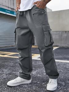 【plus size】solid drawstring waist cargo pants, casual streetwear pants for daily wear, men's casual loose fitted trousers for all seasons, casual slant pocket work pants men, elastic waist cargo pants for men