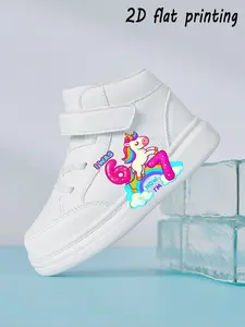Kids Unicorn & Number 6 Print Hook-Loop High-Top Sneakers, 2D Flat Printing Casual Shoes, Toddler Comfortable Footwear