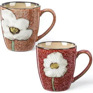 2 count 12oz Ceramic Coffee Mugs Sets Glazing Process Cappuccino Mug Floral Ceramic  Cups Mother's Day Idea  for Women Mom Porcelain Cup for Coffee, Cocoa, , Latte ()