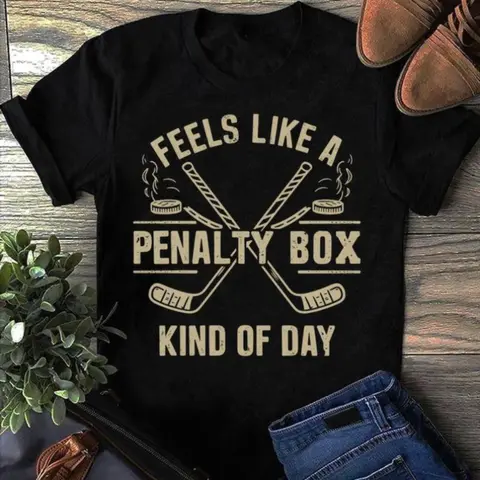 Women's 100% Cotton Round Neck Shortsleeve T-Shirt, Classic Comfort Fabric Casual Clothes - "Feels Like A Penalty Box Kind Of Day" Funny Hockey Themed Unisex Gift for Hockey Enthusiasts, Black