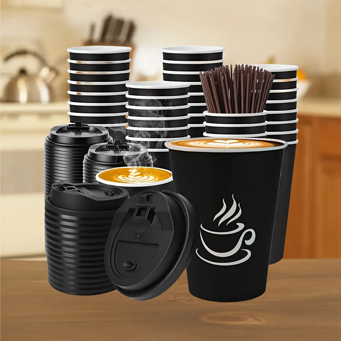 50-Pack 16 Oz Minimalist Eco-Friendly Disposable Paper Cups with Lids & Straws, Sturdy Black Plastic-Lined Leakproof for Hot/Cold Drinks, Easy Disposal After Events, Stands Up to Busy Use, 50 Cups for Events, Home/Business Tableware for Ceremony