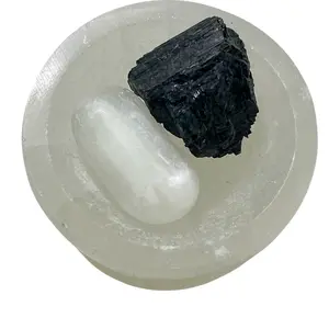 Small selenite tumble and raw black tourmaline, bring peace and calm, car protection, dispel negative energy