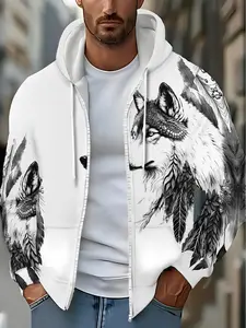 Men's street hooded zip-up sweatshirt with a retro wolf pattern print, adjustable drawstring hood, front pockets, and long sleeves.