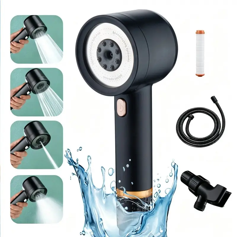 High-Pressure Filtered Handheld Shower Head Kit Pack, 4-Speed Adjustable Massage & Jet Spray, Stainless Steel Panel, Chrome Finish, ABS Plastic Wall-Mount Hose Holder, Detachable Shower Brush, Bathroom Fixtures for Child Bathing