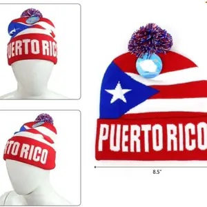 Puerto Rico Beanie Hat for Adults with Flag Design and Pompom. Stretch