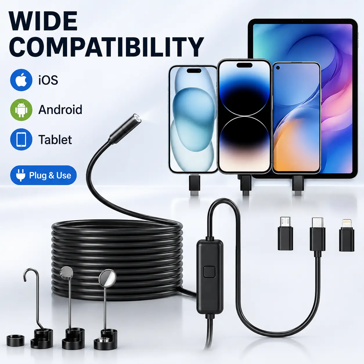 Endoscope Camera with Light, 1920P HD Borescope Camera with 8 Adjustable LED Lights, 16.4ft Semi-Rigid Snake Camera, IP67 Waterproof Boroscope Inspection Tools for iOS and Android