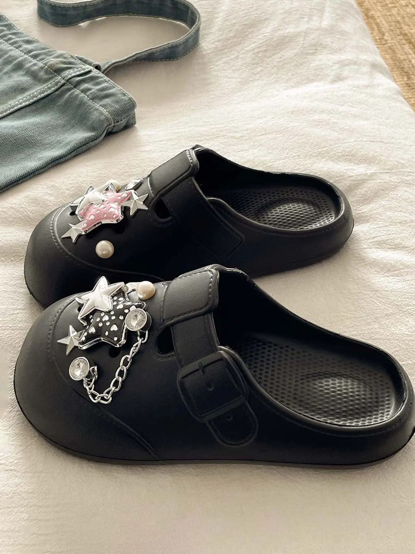 Y2K Star Mule Clogs - Polka Dot Hearts & Silver Chain Accents, Non-slip Soft Sole, Height Boost, DIY Charms Friendly, Perfect for Streetwear & Casual Outfits!