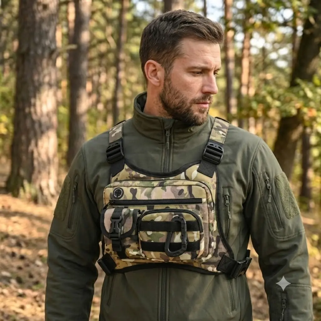 Unisex Camouflage Chest Rig | Waterproof material, ergonomic design, multiple compartments; suitable for hiking, cycling, and fishing.