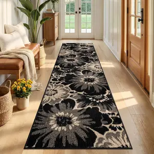 Hallway Runner Rug 1.65x11.55, Non Slip High-Low Textured Floral Washable Runner Rug with Rubber Backing, Boho Carpet Runner for Kitchen, Entryway, Bedroom, Laundry, Black & Beige