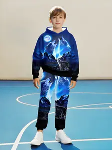 Boys' Fashion Wolf 3D Print Hoodie Set, Husky Boy Clothes, Long Sleeve Casual Sportswear, Outdoor Activities Essential, Perfect Gift Idea, Hoodies