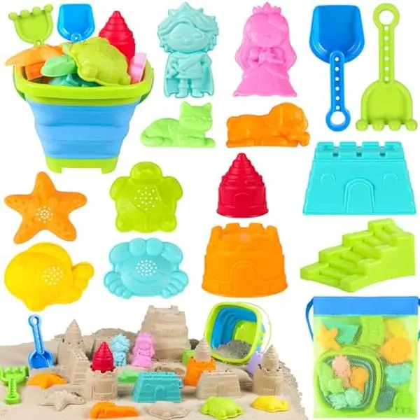 Collapsible Beach Toys for Kids Toddlers, Foldable Sand Bucket and Shovels Set with Mesh Bag & Sand Castle Building Kit, Travel Sand Toys for Beach Essentials, Sandbox Toys for Baby Kids Age 3-10