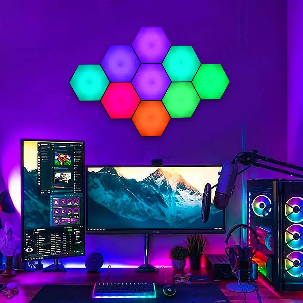 SERBASIC Plastic Hexagon Geometric Modular RGB LED Light Kit with LED Lighting Control - 6/10/20-Pack, 5V Input, Touch Sensor, Remote Control, Adjustable Dimming, DIY Art Lights for Living Room Decor, Hexagon Lights