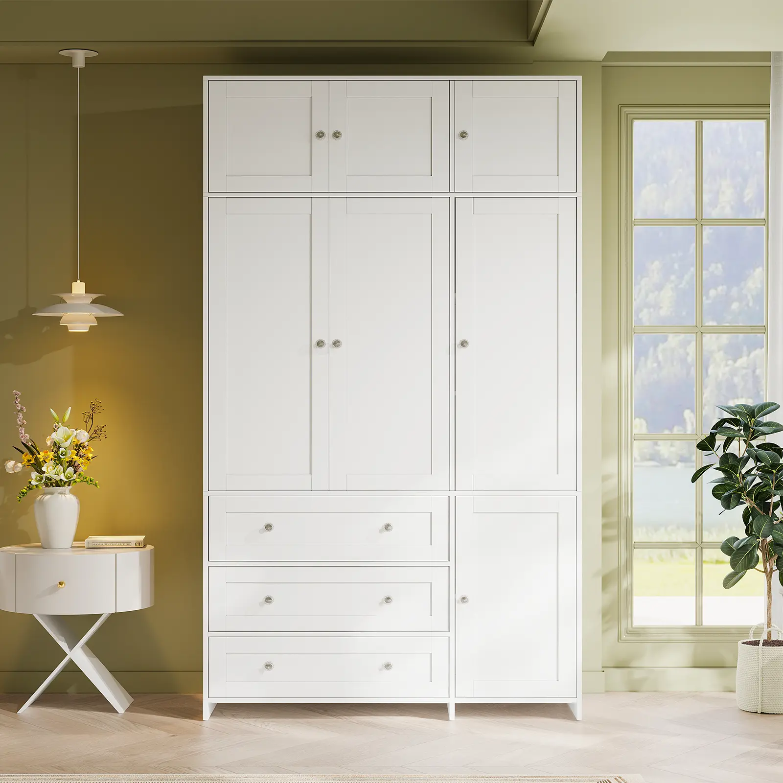 VOWNER 86.6" Tall Armoire Wardrobe Closet with Drawersand Mirror, 7 Doors Clothing Storage Cabinet with HangingRod, Wardrobe Cabinet for Bedroom, with Extra Top LargeCapacity Storage