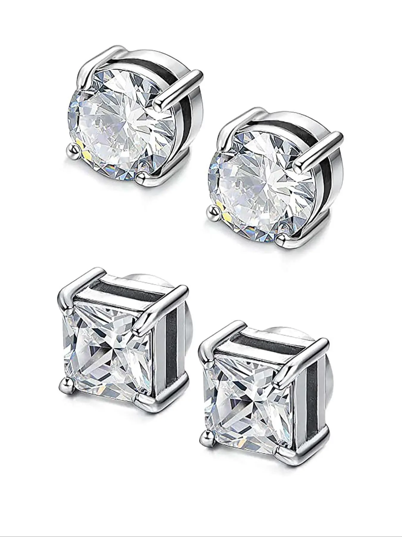 2pairs Stainless Steel Magnetic Ear Clips Non-Piercing Silver Color Cubic Zirconia Square Earrings Set Unisex Versatile Casual All Seasons Non Pierced Earrings