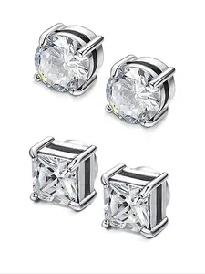 2pairs Stainless Steel Magnetic Ear Clips Non-Piercing Silver Color Cubic Zirconia Square Earrings Set Unisex Casual All Seasons