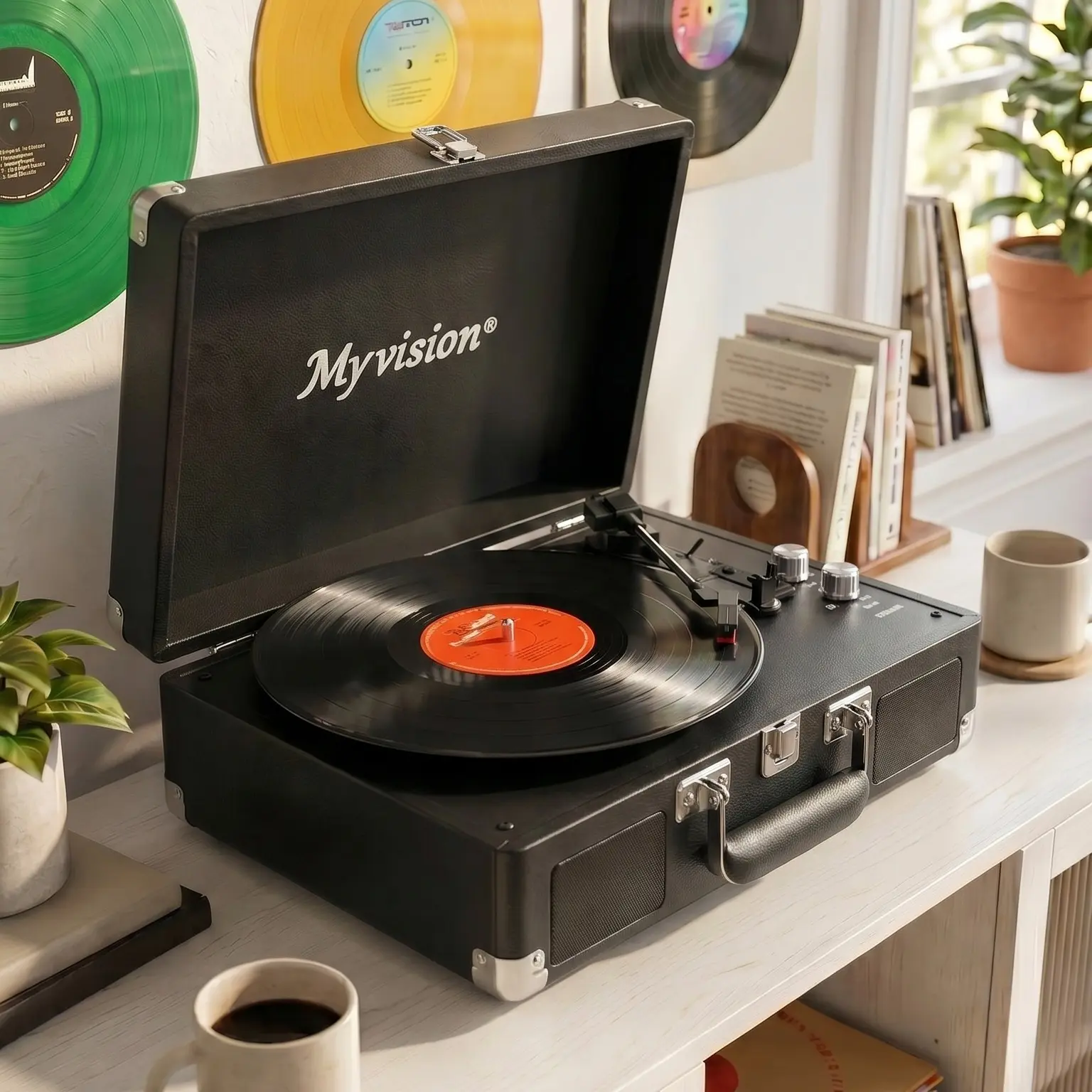 Myvision Vintage Litchi Grain Finish Vinyl Record Player - Newly Upgraded 3-Speed Portable Suitcase Turntable with Bluetooth Audio, Stereo Speakers, USB, DVD, BGM Functions - Home Decoration, Mother's Day Gift