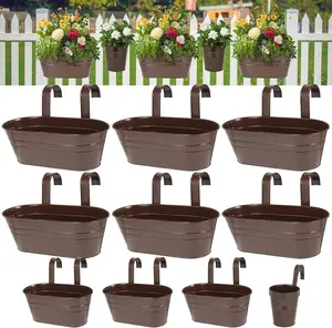 3 Different Size Metal Iron Hanging Flower Pots 13 count for Outdoor  Metal Hanging Bucket Pots Iron Railing Fence Planter with Drainage Holes and Hooks for Porch Railing Balcony Fence (Bronze)