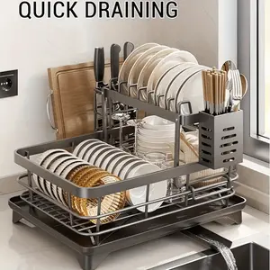 2 Tier Large Dish Drying drainage Rack Rustproof Dish Drainer with Utensil Holder, Drainboard & Cutting Board Holder, Space Saving Compact Storage for Kitchen Counter, Heavy Duty Metal Dish Rack for Plates Bowls Cups Pots Pans