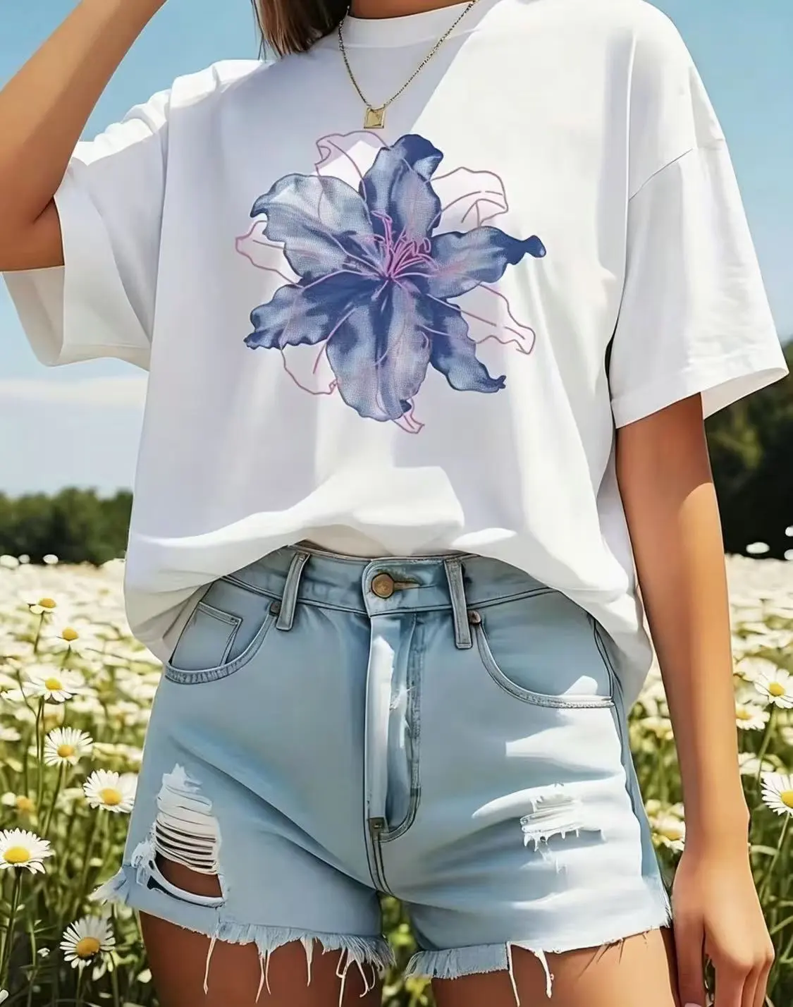 Double Floral Print Crew Neck T-Shirt Loose Fit Short Sleeve Top Purple And Pink Floral  Casual Unisex Spring Summer T-Shirt for Casual Attire Suitable for Moms And Grandmas