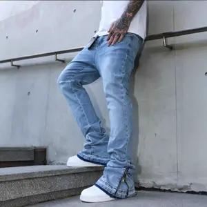 Men's 2026 Trending Light Wash Stretch Nylon Denim Pants - American High Street Flare Style, Zip Cuff, Loose Fit - Menswear Streetwear for Casual Daily Wear,summerwins