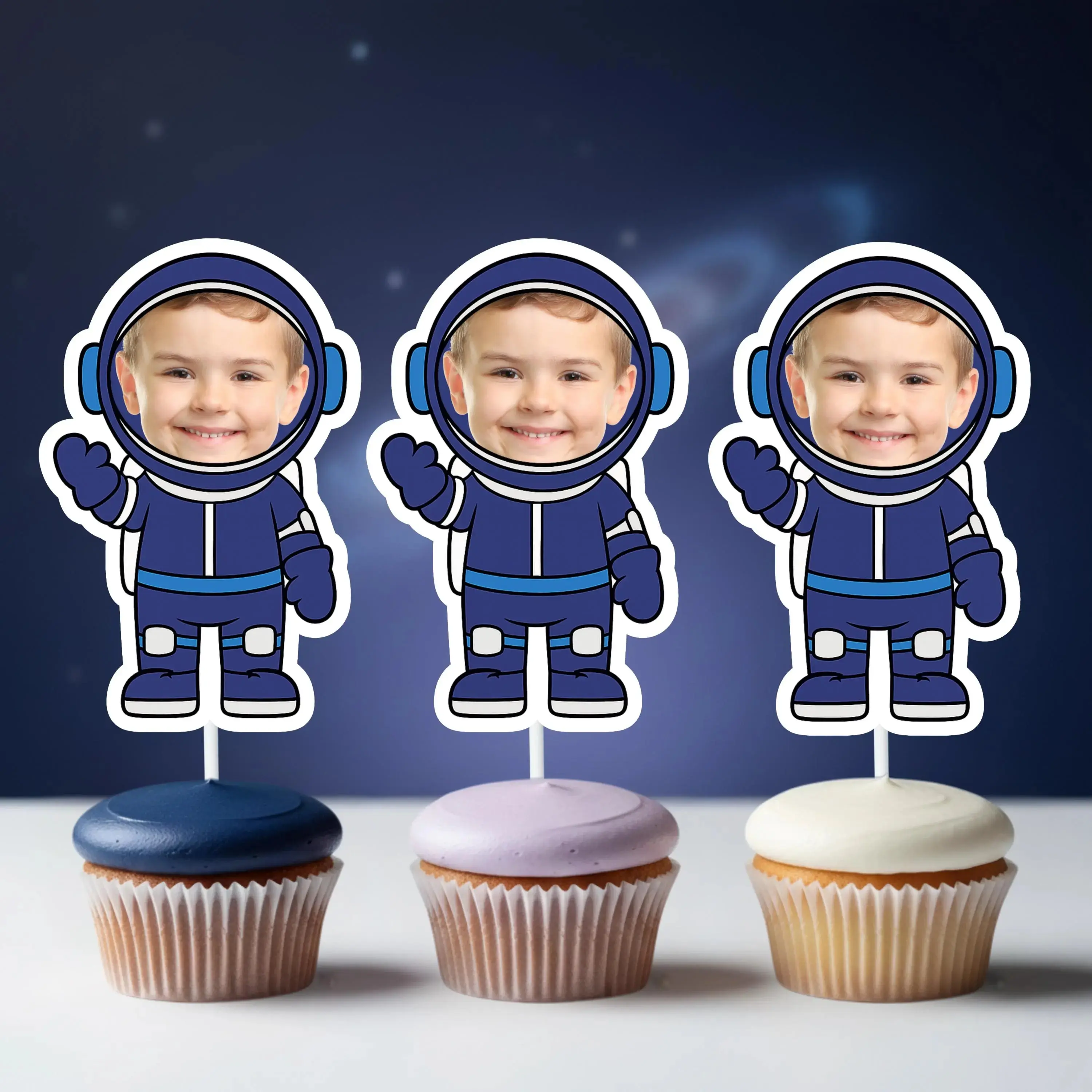 Blue Astronaut Photo Cupcake Toppers – Outer Space Birthday Party Decor