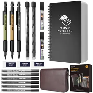 Nicpro 1.3mm Mechanical Pencil Set in Leather Bag with Waterproof Field Notebooks, 3PCS Metal Heavy Duty Carpenter Pencil with Lead Refill & Eraser for Outdoor Journal Travel Drafting Drawing