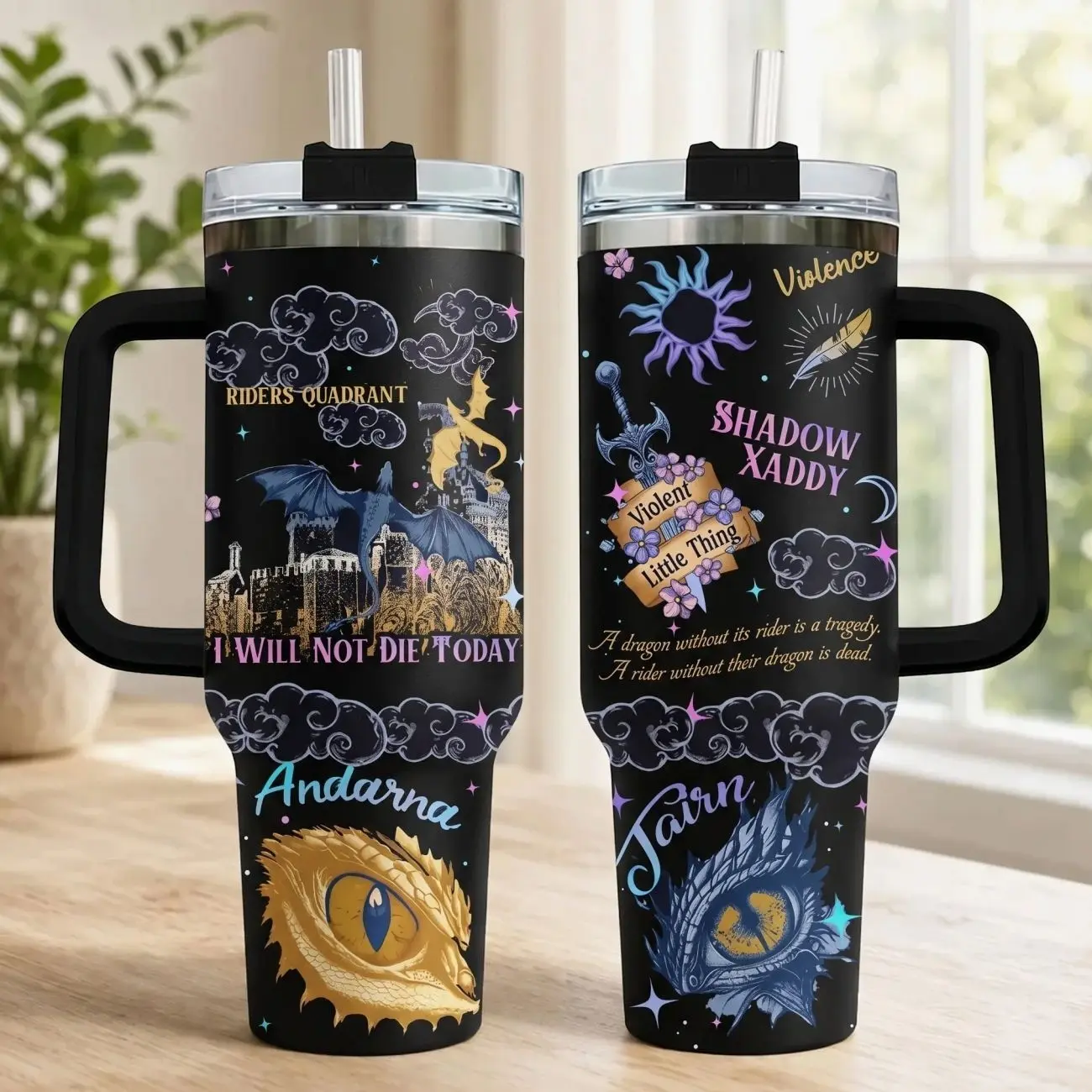Fourth Wing 40oz Insulated Tumbler With Handle & Straw, Riders Quadrant Shadow Xaddy Dragon Glitter Tumbler, Andarna & Tairn Stainless Steel Travel Mug, Empyrean Series Bookish Cup, Rebecca Yarros Fan Gift, Fantasy Reader Drinkware