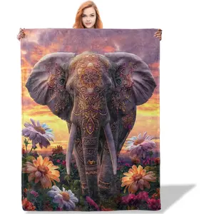 Mandala Elephant Throw Blanket 50"x60", Boho Elephant Blanket for Living Room & Bedroom Decor, Soft Flannel Polyester Warm & Cozy Gifts