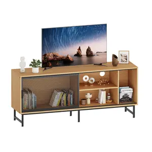 Oak Farmhouse Industrial TV Stand for 55/65/75 Inch TVs, Entertainment Center with Metal Mesh Sliding Doors & 3 Open Shelves, Media Console Table for Living Room & Bedroom