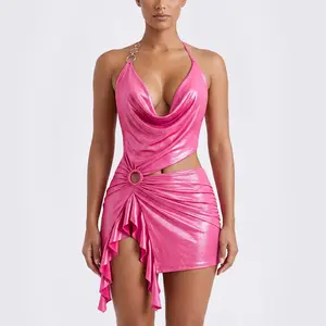 SLEEVELESS HALTER METALLIC MINI DRESS