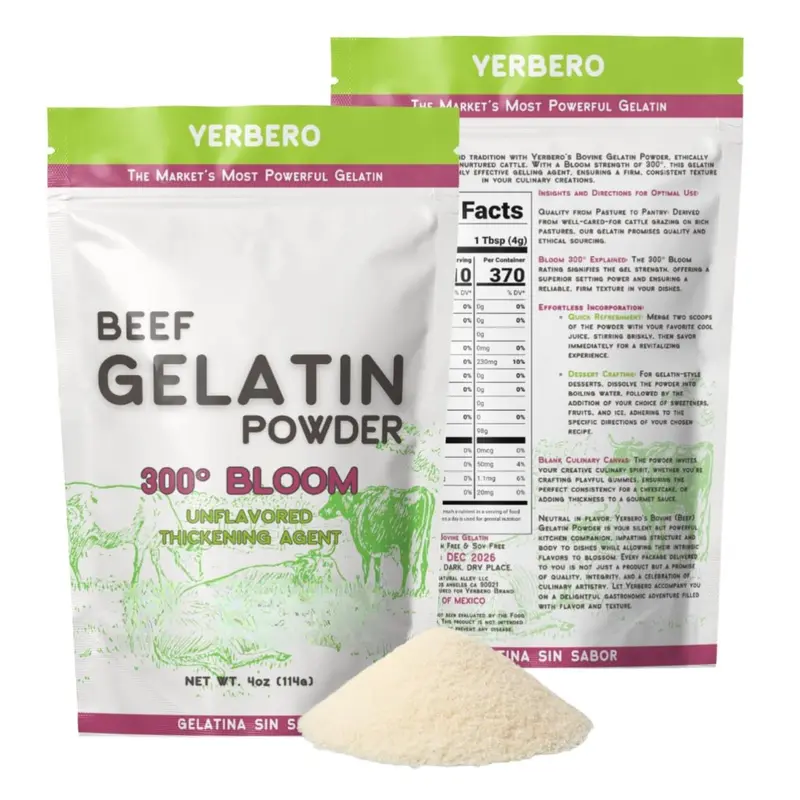 Yerbero - Premium Unflavored 300° Bloom Beef Gelatin Powder 4oz (114g) | Thickening Agent | Grenetina en Polvo Sin Sabor | Swiftly Solidifies, Stabilizes, and Enhances for Culinary & Baking Endeavors.